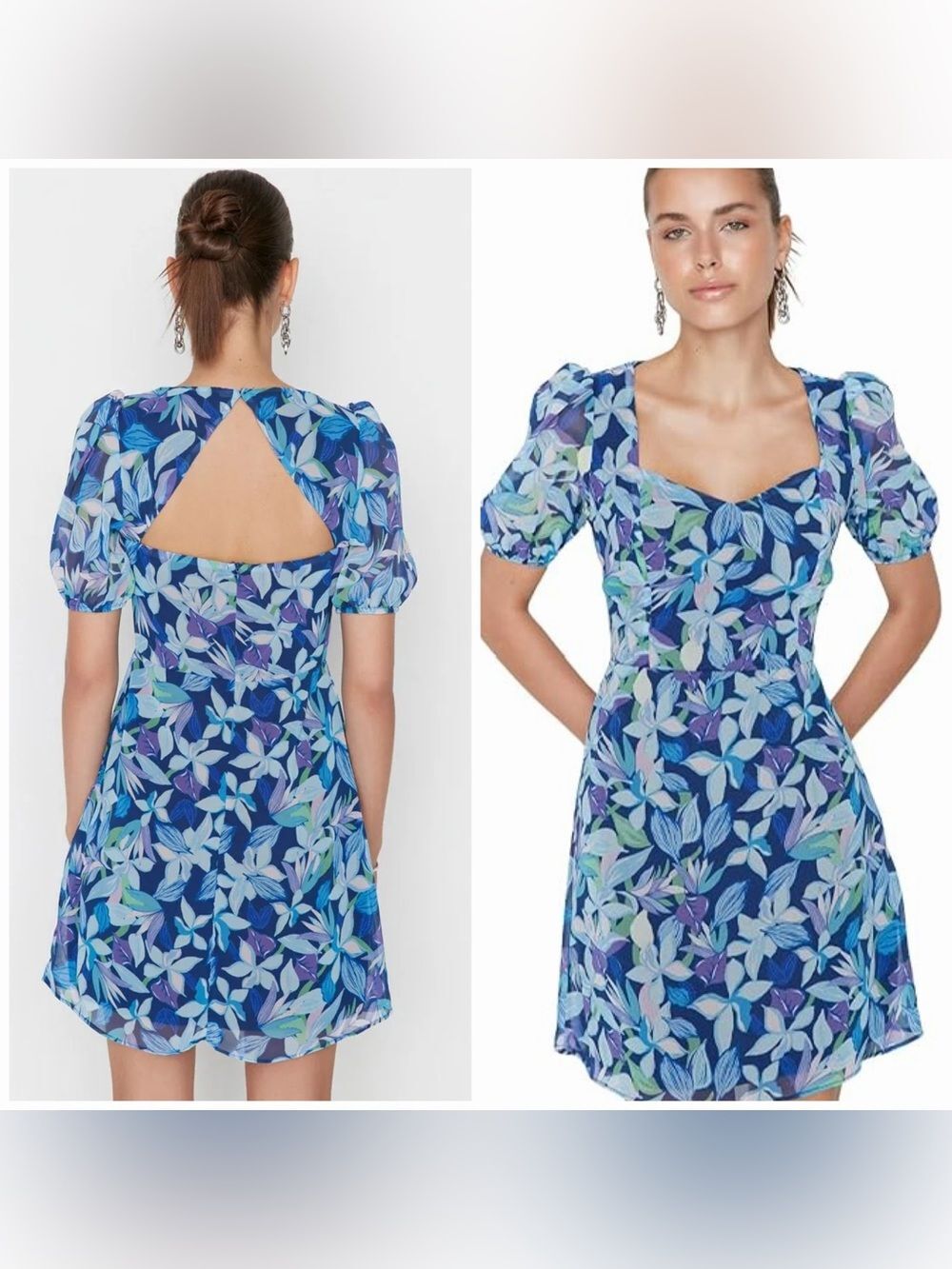 Trendyol Blue Floral Puff Sleeve Open Back Mini Dress EU 38 US 6 Small